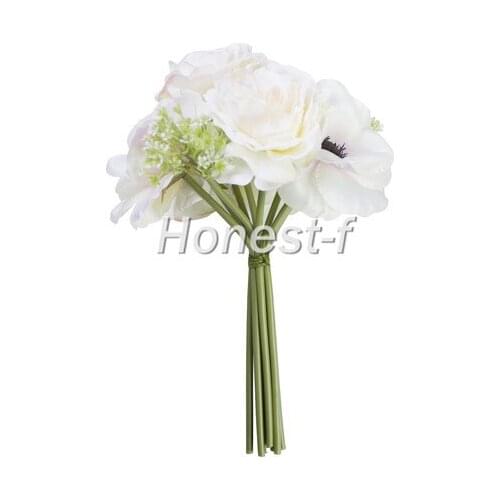 Hand Tie Artificial Peony Silk Flowers Bounquet, Bridal Wedding(White)