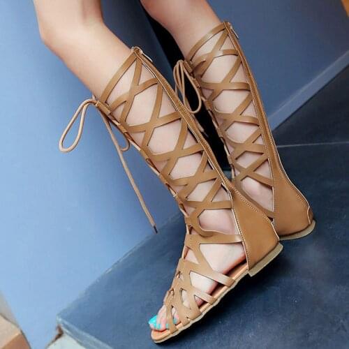 2021 Summer Sandals Women Strappy Open toe Knee Flat Sandals Ladies Fashion Casual High Boots Shoes Roman Bandage Sandals