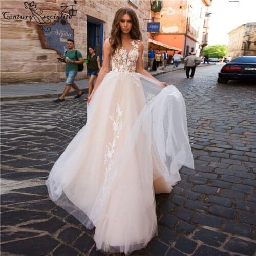 Backless Sexy Wedding Dresses Boho Lace Appliques Sheer O-Neck A-Line Beach Bridal Gowns Bohemian Bride Dress Vestido De Noiva