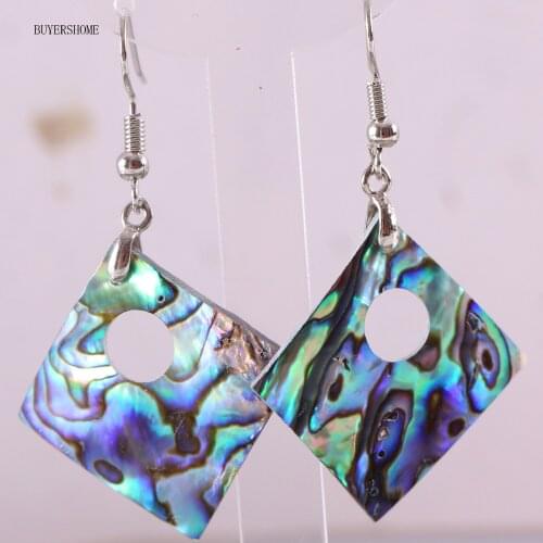 Natural Square Bead Blue Abalone Shell Dangle Earrings 1Pair U045