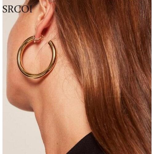 SRCOI Exaggerate Metal Tube Round Hoop Earing Large Circle Siver Gold Color Huggie Earrings Women Hiphop Jewelry Bijoux Brincos