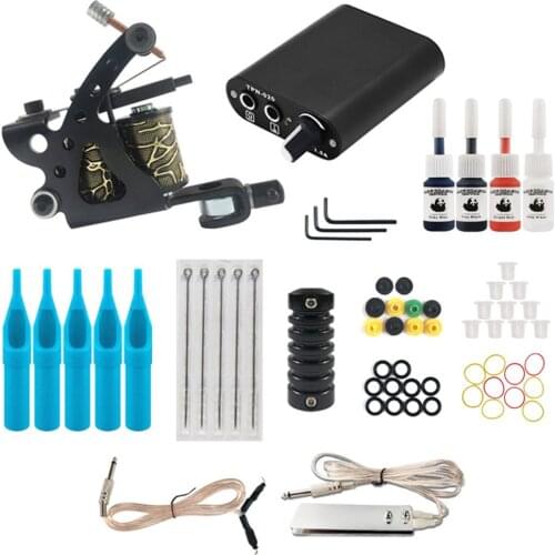 Starter Tattoo Machine Kit Set 1 Coils Guns Colors Pigment Inks Sets Black Power Tattoo Beginner Grip Kit