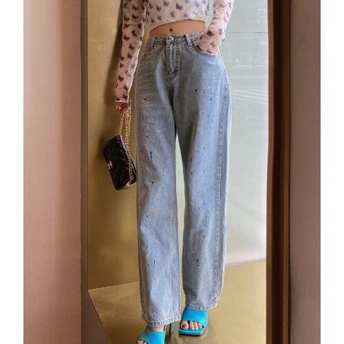 Light Blue Denim Jeans Vintage Painted Pants Women Sexy Korean Straight Long High Waist Jeans Woman Casual 2020 Streetwear