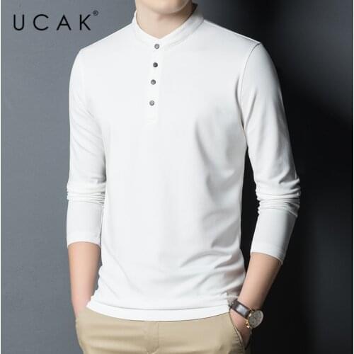 UCAK Brand New Fashion Solid Color Casual Silk T Shirt Men Clothes Spring Autumn Streetwear Mandarin Collar Tshirt Homme U5363