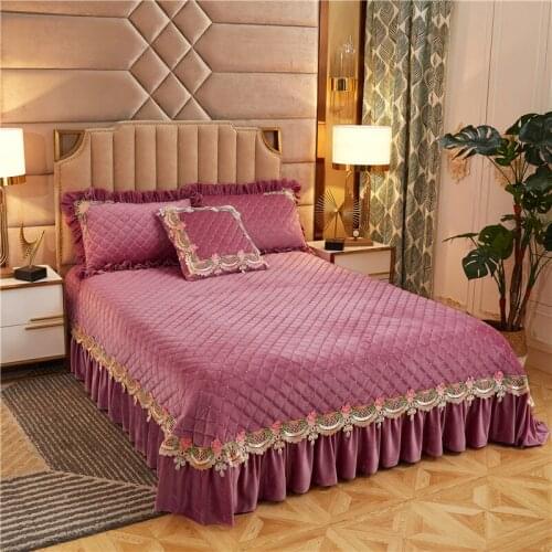 Thickened warm crystal wool quilting Bedspread Fitted Sheet Pillowcases 2/3pcs Double-deck Lace embroidery Princess Bedding