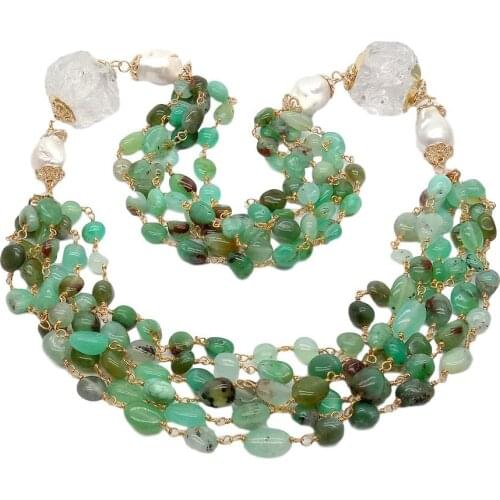YYGEM 5 Strands Natural Green Chrysoprase Freeform Quartz Rough White Keshi Pearl statement Necklace 30" for women
