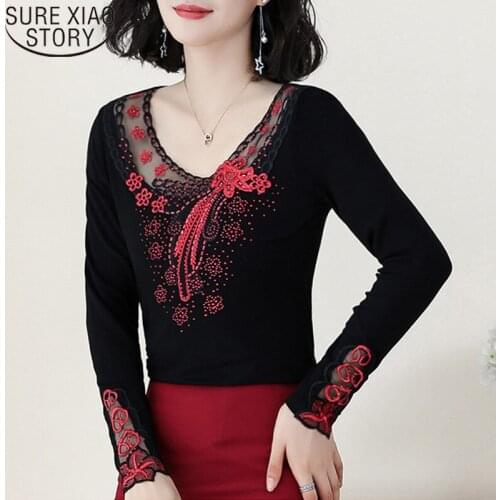 Autumn Winter 2021 Long Sleeve Women Blouses Embroidery Black Low Collar Floral Ladies Tops Hollow Casual Women Tops 6739 50