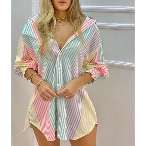 Women Shirt Printed Color Striped Button Front Blouse Casual Vacation Ladies Dress 2021 New Summer Fashion Female Clothing