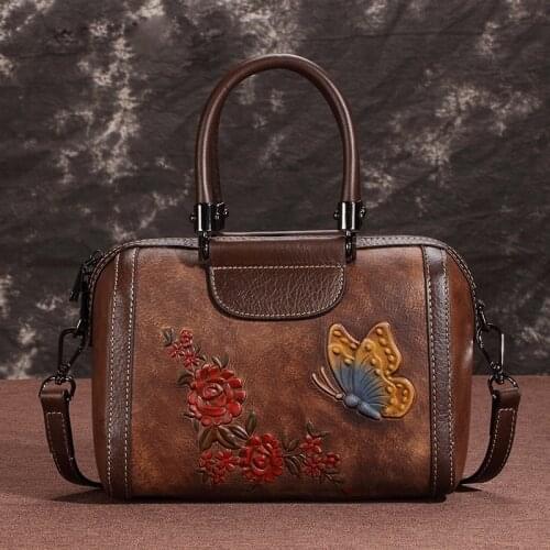 Handmade Embossed Flower Handbag 2021 Winter Retro Cow Leather Women Bag Casual Tote Large Capacity Shoulder Messenger Bags