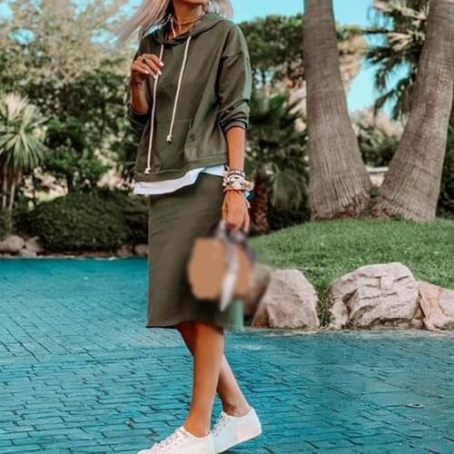 Autumn Womens two Pieces Set Solid Hoodies Skirt Front Pocket Drawstring Sweatshirt Knee Length Skirt Female Suit Elegant sets