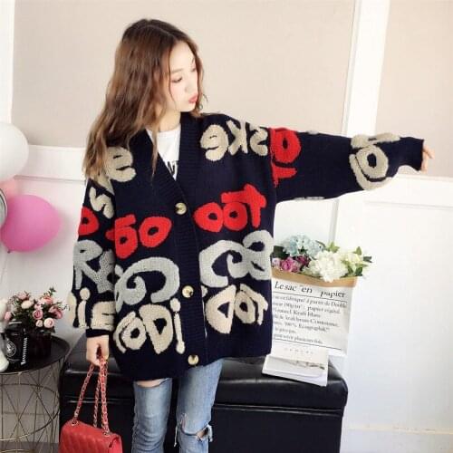 Womens Autumn New Loose Korean Letters Embroidery Thick Loose Lazy Knitted Long-sleeved Sweater Cardigan Harajuku traf Top y2k