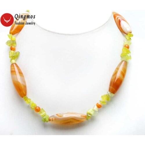 Qingmos Natural 10*42mm Stripe Red Olivary Agates Necklace for Women with 7mm Green Baroque Peridot Chokers Necklace 17'' n5979