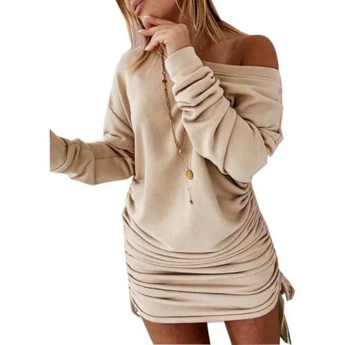 Women Autumn Casual Solid Drawstring Ruched Long Sleeve Dress RH272