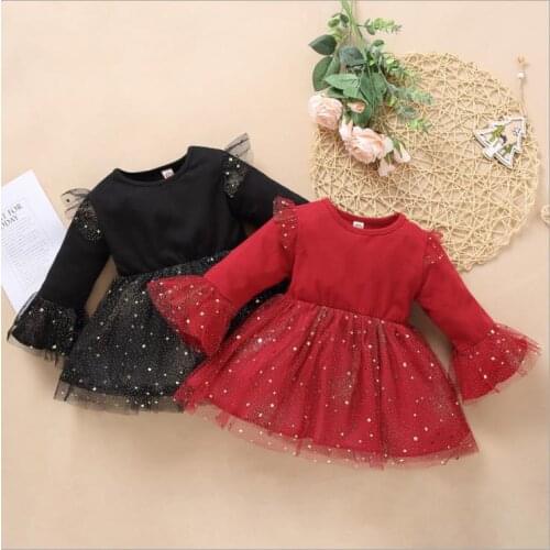 1-4Y Toddler Girls Princess Dress Sequins Long Flared Sleeve Yarn Hem Mid Dress Solid Color O-neck Casual A-line Dress