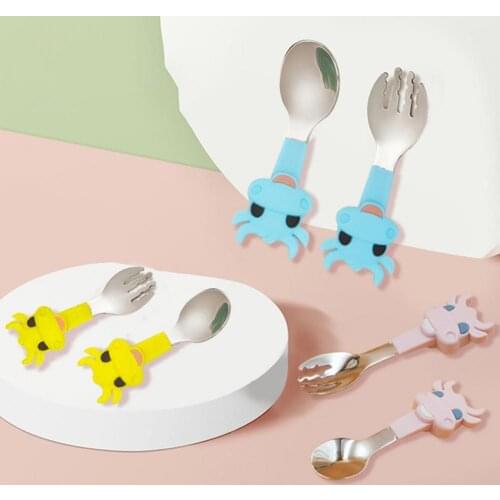 2Pcs/Set Kids Silicone Handle Spoon Fork Set Cartoon Design Portable Stainless Steel Infant Dining Tableware for Feeding