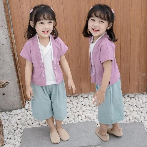 2019 New Girls Baby Tang Suit 2019 Modern Hanfu For Children Kids Chinese Traditional Tang Set Traditional Linen Dress SL1161