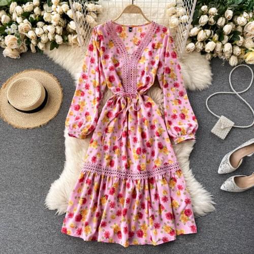 2021 Retro Euro Women Fashion Dresses Ladies Causal Idyllic Style Long Bubble-sleeve Printed Flowers Dress Vestidos De Fiesta