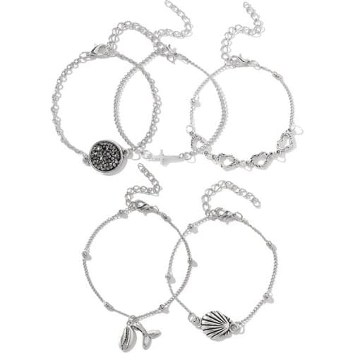 5 Pcs / Set Fashion Black Circle Silver Plated Three Hollow Hearts Conch Fishtail Cross Silver Plated Alloy Bracelets For Women