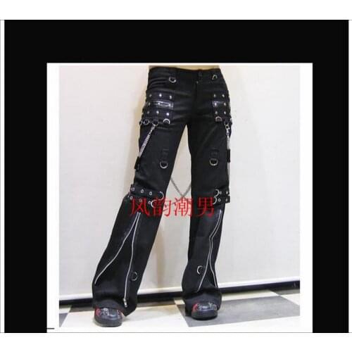 Gothic Horn Pants Men Long Trousers Tide Punk Non-mainstream Casual Rivet Gas Hole Singer Stage Costumes Clothing 2020