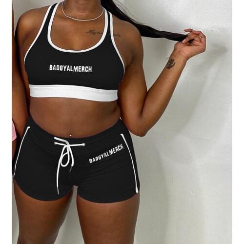 Pink Grey Black Letter Print Womens Sport Suit Sleeveless Tank Crop Top and Drawstring Biker Shorts Activewear 2 Piece Outfits