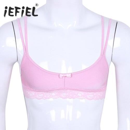 IEFiEL Mens Sissy Lingerie Panties Gay Spaghetti Sexy Underwear Wire-free Bralette Lace Hem Strappy Bra Top for Bedtime Surprise
