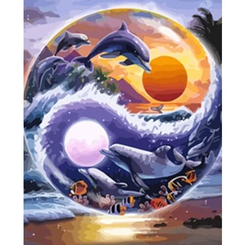 Painting By Number40X50 50x65CM Sunrise Sunset Dolphins Animal Wall Art Gift DIY Pictures By Numbers Canvas Kits Home Decoration