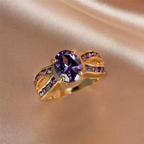 4 Prong Oval Stone Ring Purple Crystal Zircon Rings For Women Wedding Jewelry Vintage Fashion Luxury Birthstone Engagement Ring