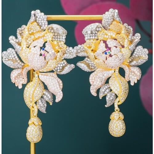 Trendy New 76mm Luxury Gorgeous Exquisite Big peony flower Earrings for Nobla Women Wedding Attend important occasions Jewelry