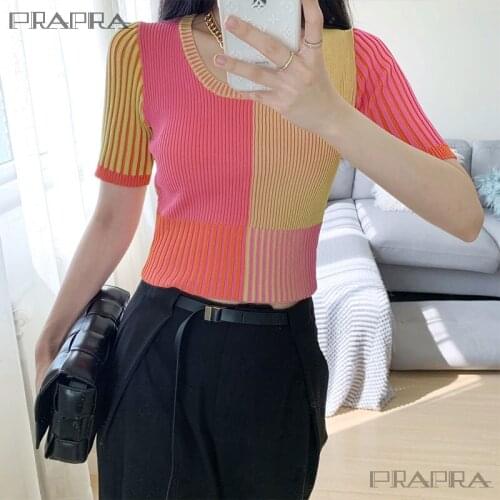 Fashion Rainbow Womens Crop Top Summer Comfortable Vertical Stripe Tops Patchwork Short T-shirts
