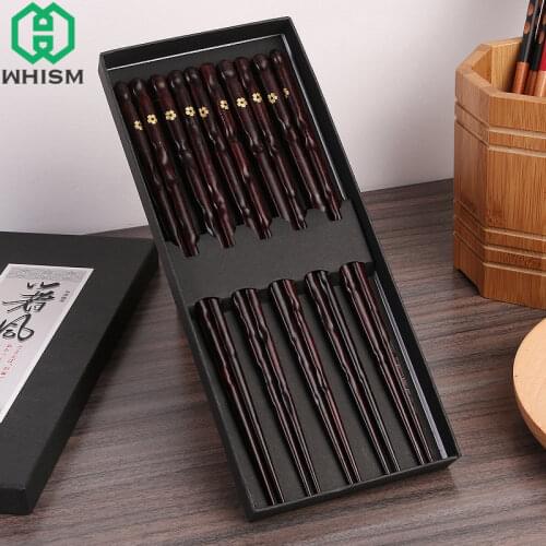 WHISM 5Pairs Natural Handmade Wood Chopsticks Non-slip Wooden Chop Stick Set with Gift Box Japanese Sushi Chopstick for Dinner