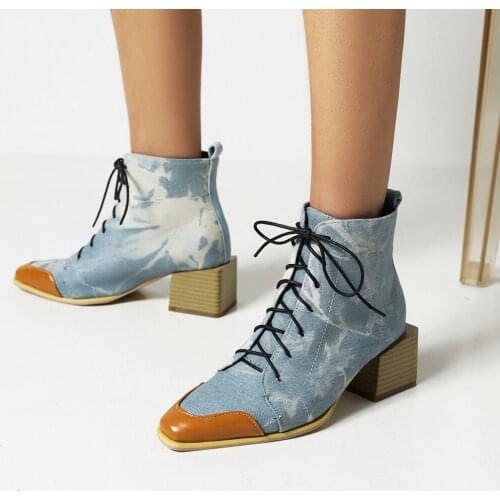 Oversized Lace-Up Color Matching Martin Boots Street Fashion Pointed Wood Grain Rough Heel Ankle Boots Denim Womens Shoes
