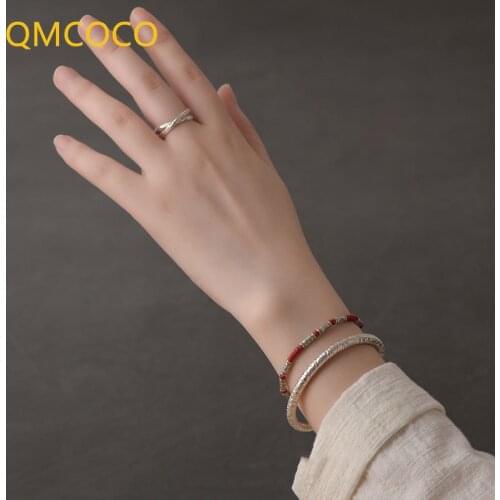 QMCOCO 2021 New Arrival Minimalist Bracelet 925 Silver Open Handmade INS Irregular Texture Bracelet For Women Party Jewelry Gift
