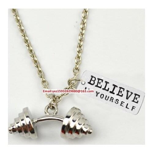 New product Fitness Weightlifting jewelry 30pcs/lot bending Dumbbell barbell with Believe In Yourself sports necklace