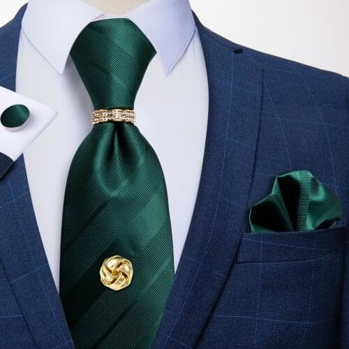 New Green Striped Ties 8cm Luxury Mens Silk Tie Handkerchief Cufflinks Tie Tack Gold Tie Ring Gift For Men Cravate DiBanGu
