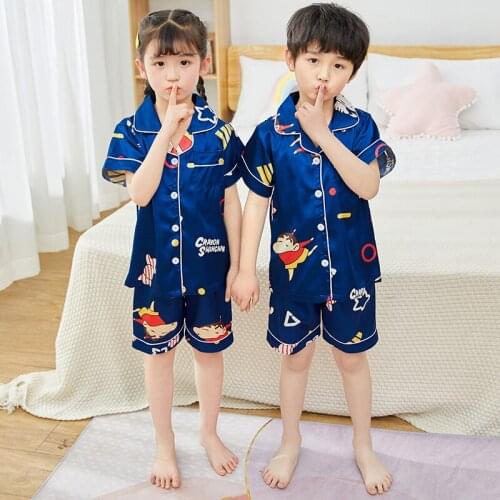 Girls Pajamas Set Summer Short Sleeve Childrens Sleepwear Set Fake Silk Nightwear Boy Pyjamas Sets for Kids Home Wear Clothing