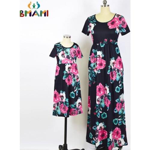 Mother Daughter Dresses Fashion Floral Print Short Sleeve Mommy And Me Clothes Family Matching Outfits Ankle-length Dress