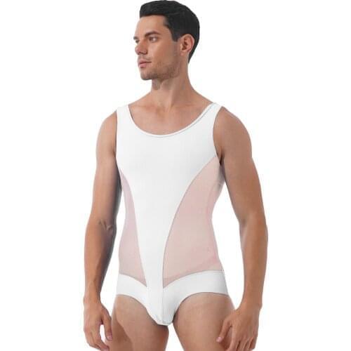 Sexy Wrestling Singlet Bodysuit Mens Lingerie Sleeveless Bulge Pouch Leatord Swimwear Sheer Mesh Patchwork Sport Bodysuit