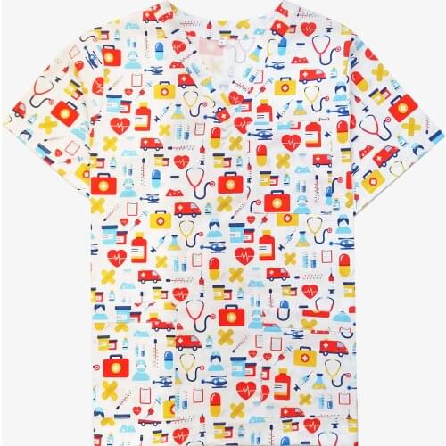 Cute Short Sleeves Tops for Doctor Nurse V-Neck Blouse Cotton Printed Dentist Working Clothes Medical Uniform Womens Scrub Top