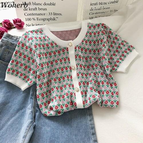Woherb Sweaters Fashion Women Floral Cropped Sweater Thin Tops Loose Vintage Knit Cardigans Korean Clothes Cute Cardigan Pearl