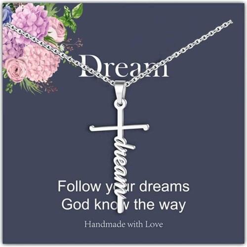 Female Stainless Steel Chain Necklace Silver Color DREAM Cross Pendant Necklace For Women Fashion Jewelry Gift LGS1972
