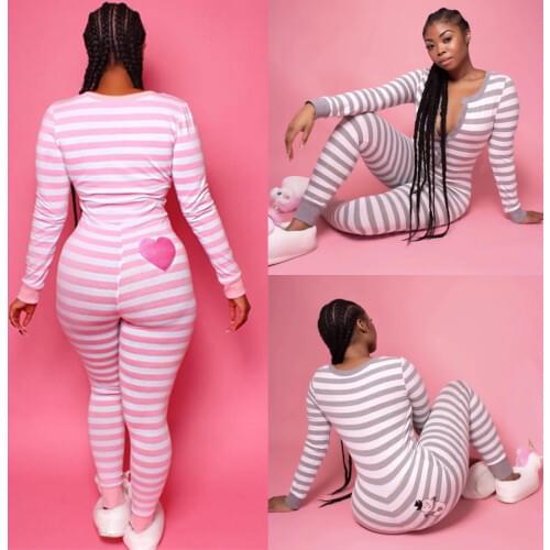 Women Long Sleeve Button V Neck Striped Bodycon Party Stretchy One Piece Pajamas Autumn Nightwear Sleepwear Romper Jumpsuit