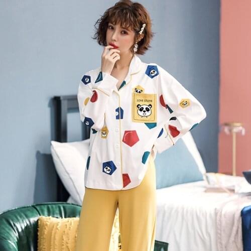 Women Sleepwear Cotton Pyjamas Plus Size XXL Cartoon Lapel Spring Pajama Set Col Claudine Winter Pajamas Loose Version