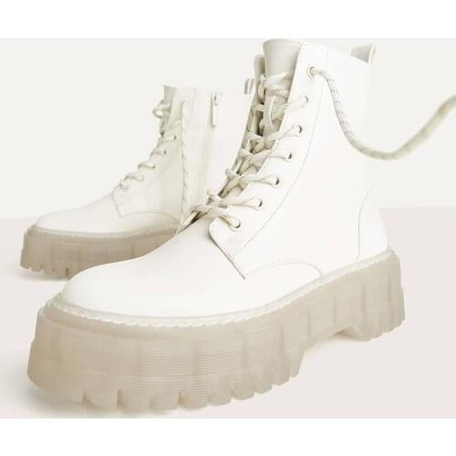 2021 PVC Transparent Heel Ankle Boots For Women White Lace Up Platform Boots Women Autumn INS Hot Women Chunky Motorcycle Boots