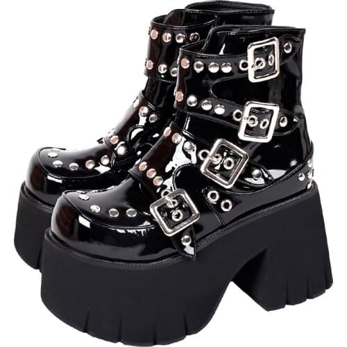 Angelic imprint Women Gothic motorcycle punk boots lady short Boots woman high heels pumps Platform shoes rivets 33-47 10cm 7003