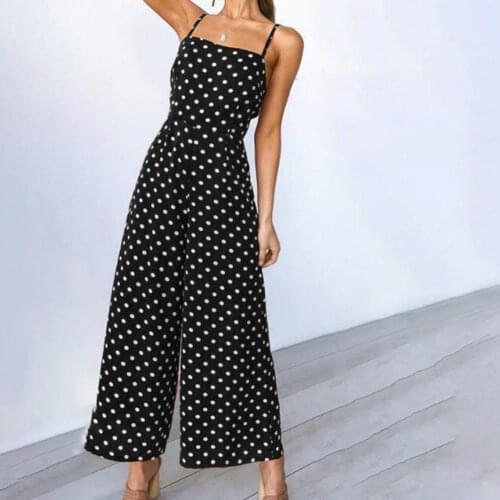 Ladies Hollow Back Bow Tie Rope Jumpsuit Sling High Waist Sweet Women Leisure Polka Dot Print Romper for Vacation Streetwear