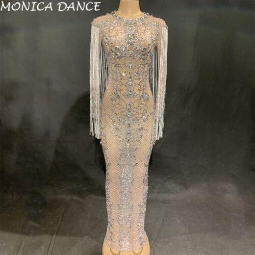 Women Mesh Perspective Sparkly Crystals Long Dress Evening Party Rhinestones Dresses Birthday Celebrate Costume Fringes Dress