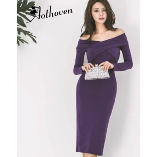 Women Plus Size Pencil Midi Dress Purple Long Sleeve Slash Neck Elegant Party Dress Autumn Office Lady Bandage Dresses Vestidos