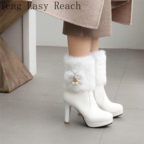 2021 Winter Wedding Party Spike High Heels Luxury Shoes Women Designers Faux Fur Plush Sweet Bow Ankle Boots for Women 43