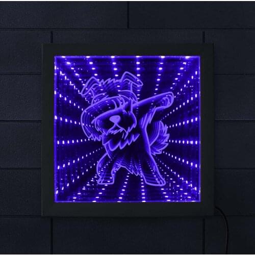 3D Night Light Dabbing Schnauzer Dog Stunning Optical Illusion Wood Picture Frame Animal LED Infinity Mirror Tunnel Lamp