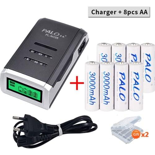 8pcs AA NI-MH 3000mAh rechargeable battery 2A nimh ni mh battery + smart fast charge LCD screen display charger for AA AAA